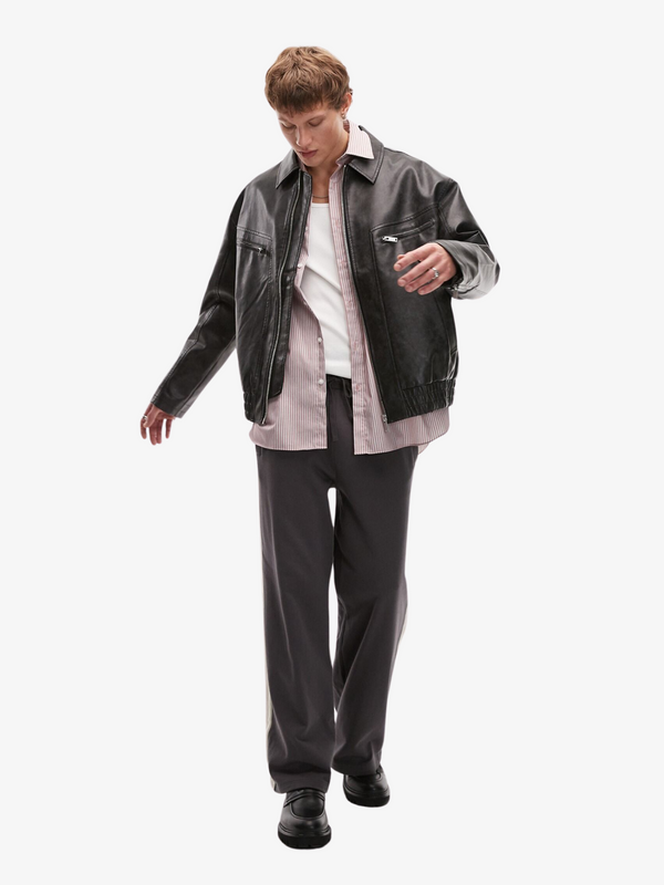 Topman Topman Faux Leather Bomber Jacket Black Glue Store