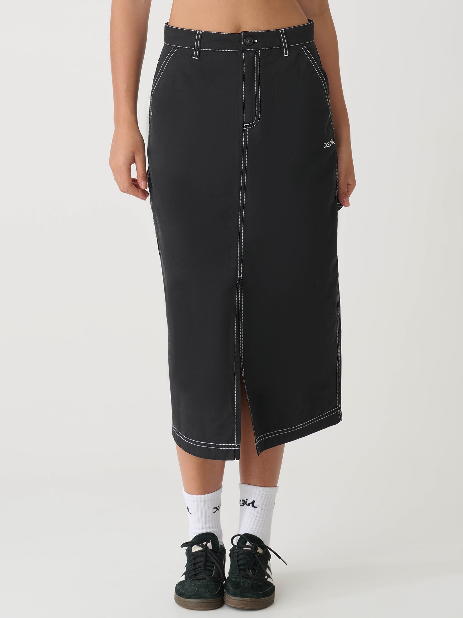 Contrast Stitch Carpenter Midi Skirt in Black