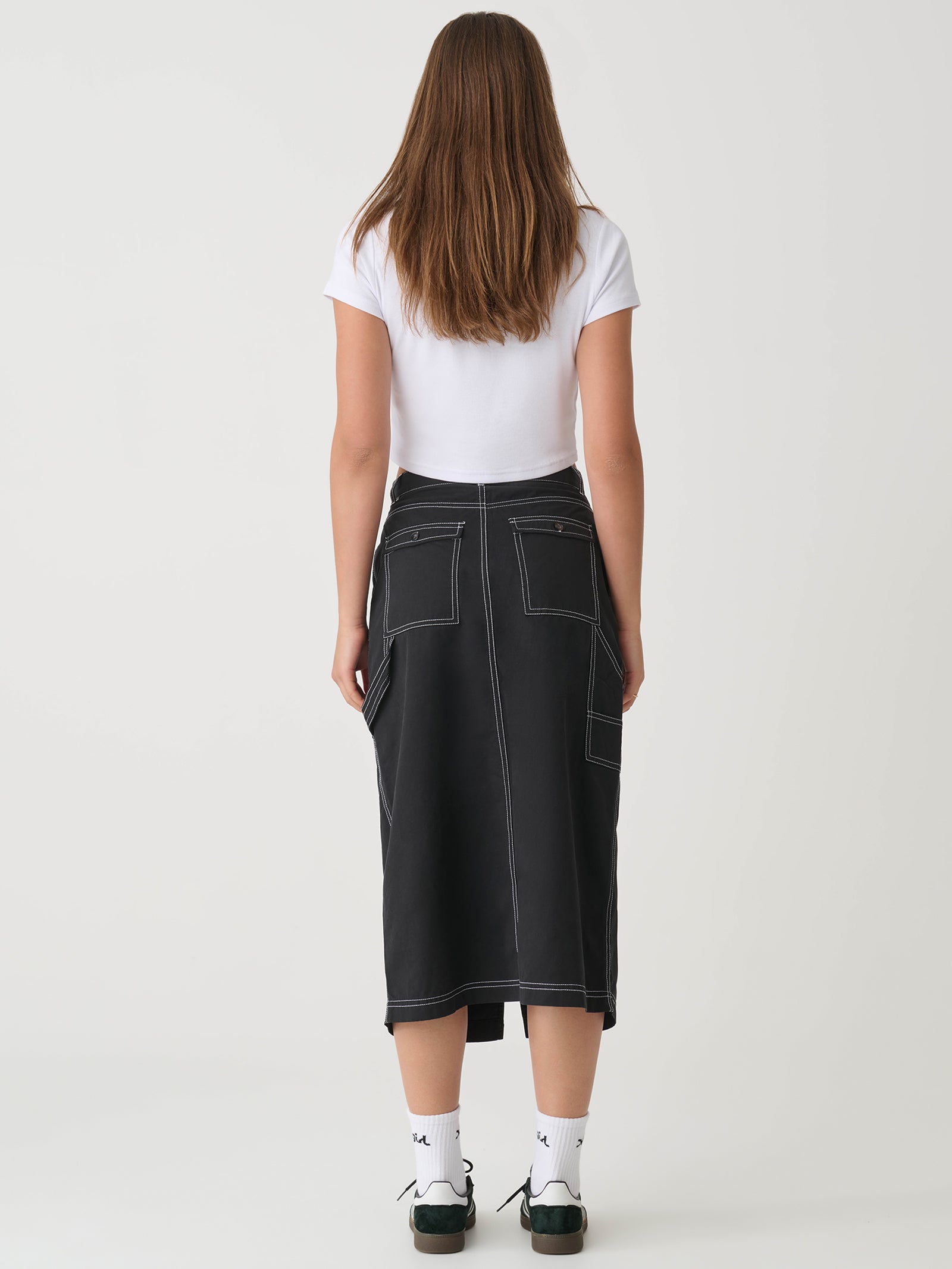 Contrast Stitch Carpenter Midi Skirt in Black