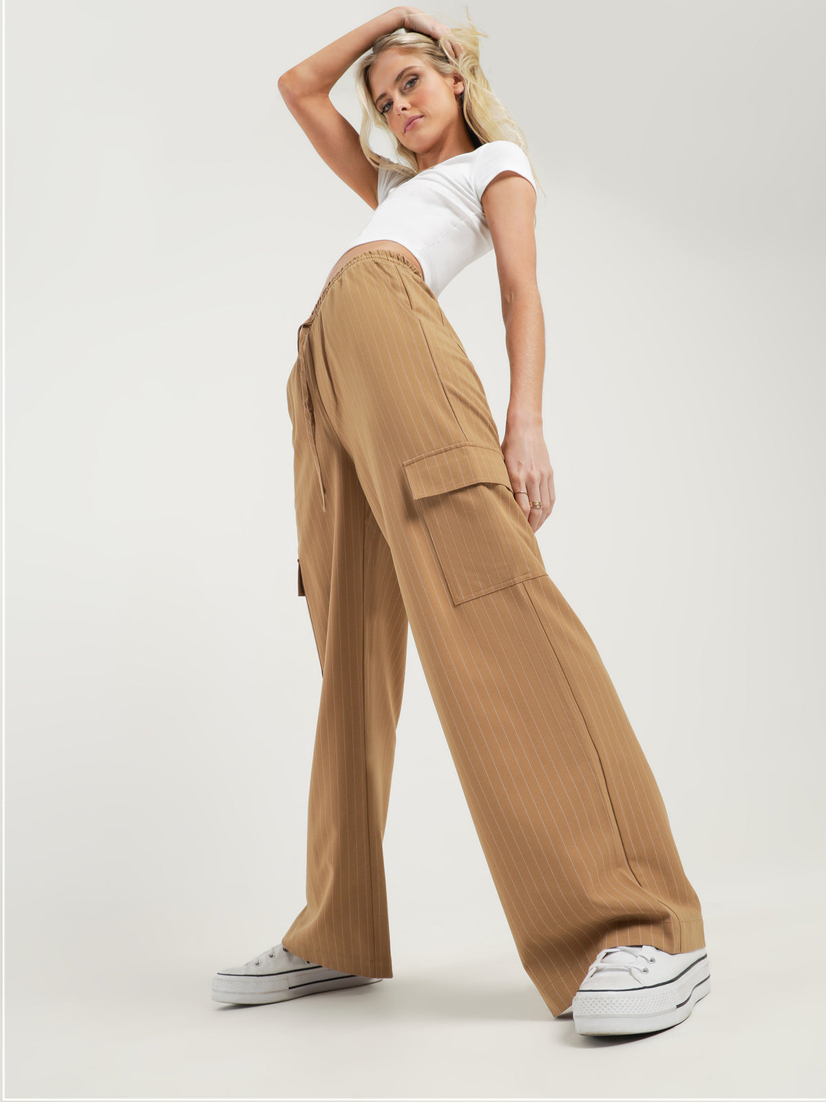 Outlaw Drawstring Cargo Pants in Sand Brown Pinstripe