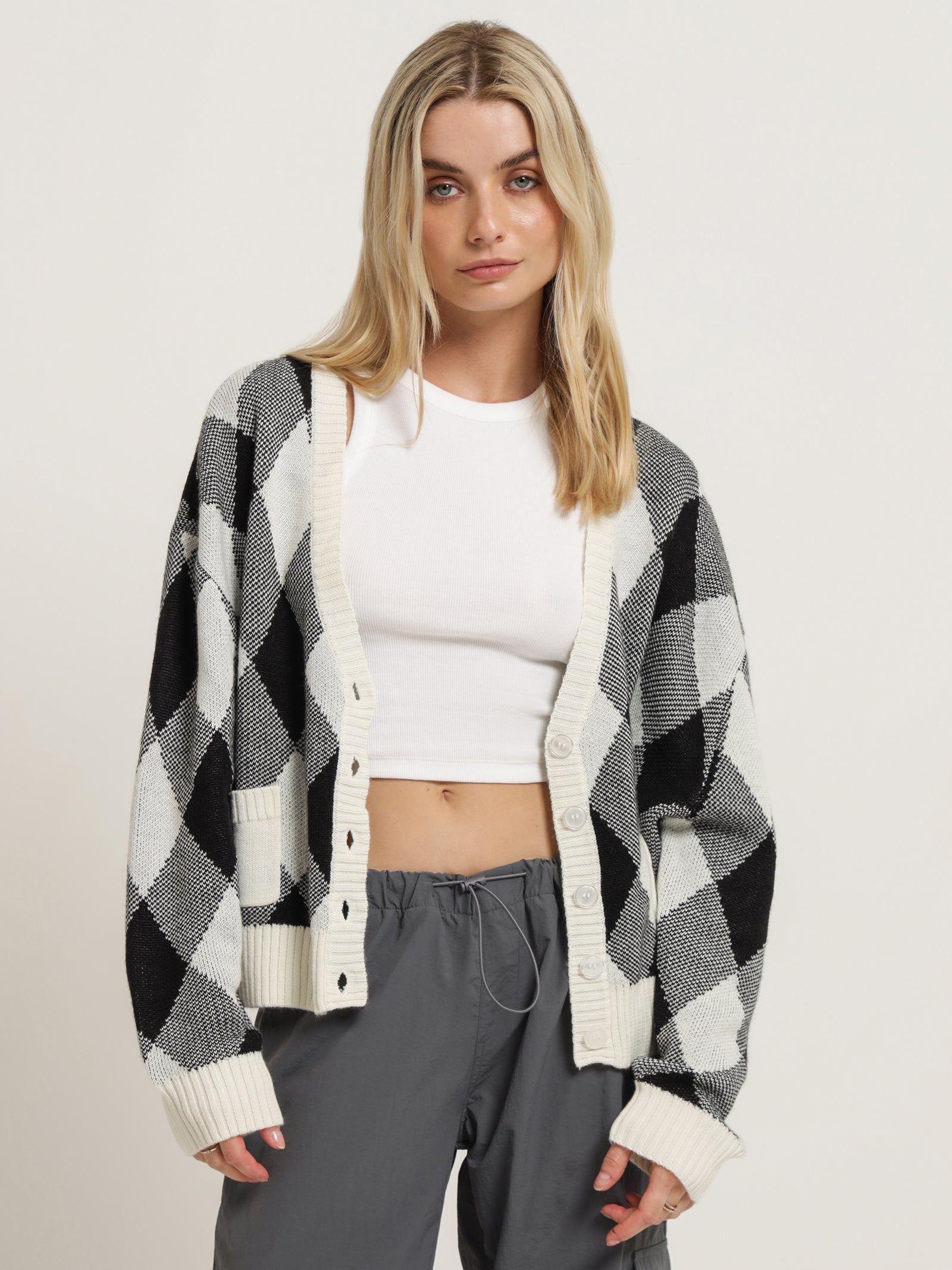 Pattern Knit Cardigan in Black & White Check