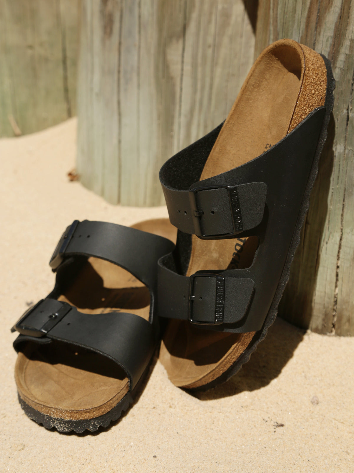 Unisex Arizona Two-Strap Narrow Width Sandals in Black Birko-Flor