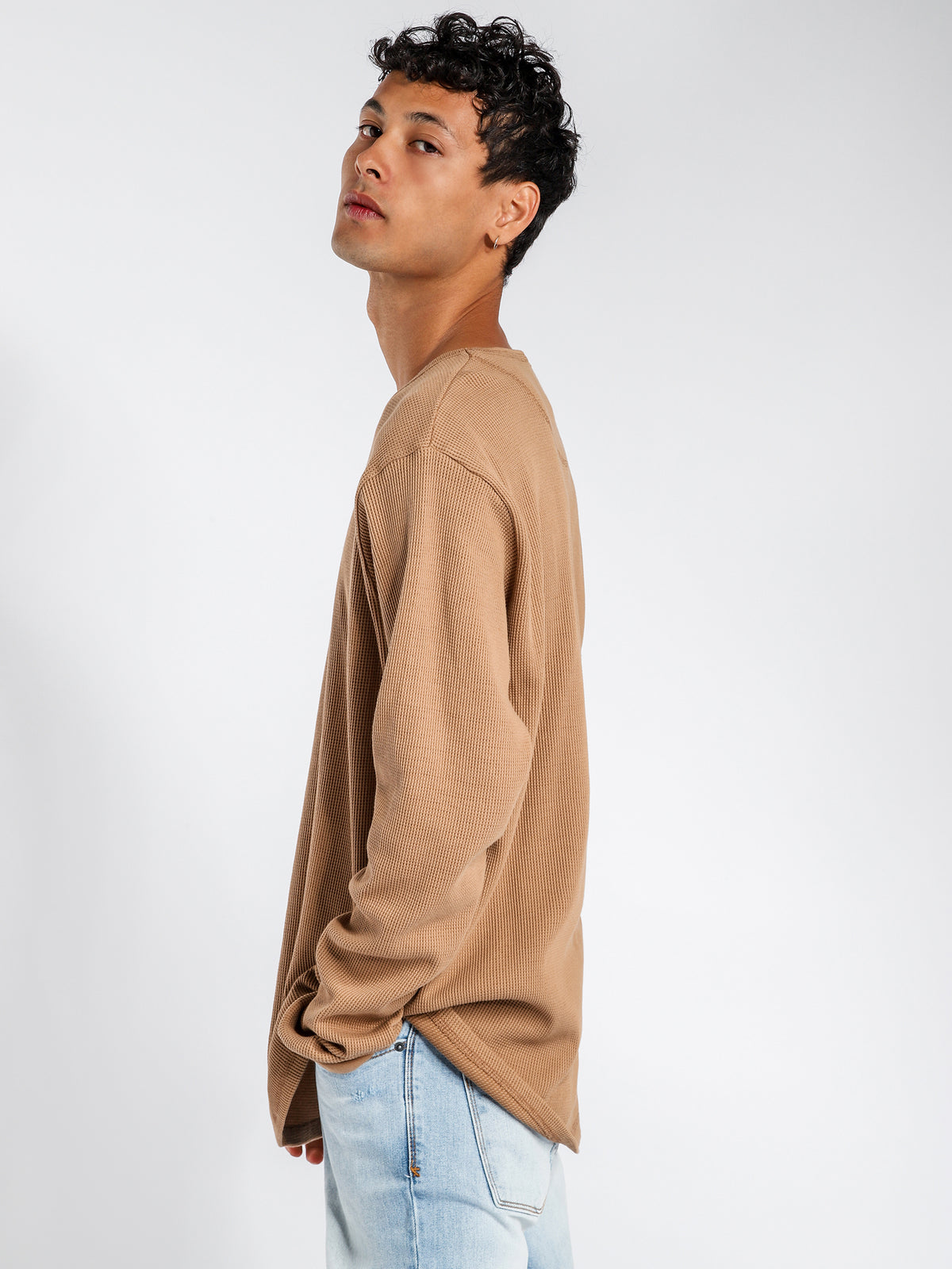 Waffle Long Sleeve Crew Top in Camel