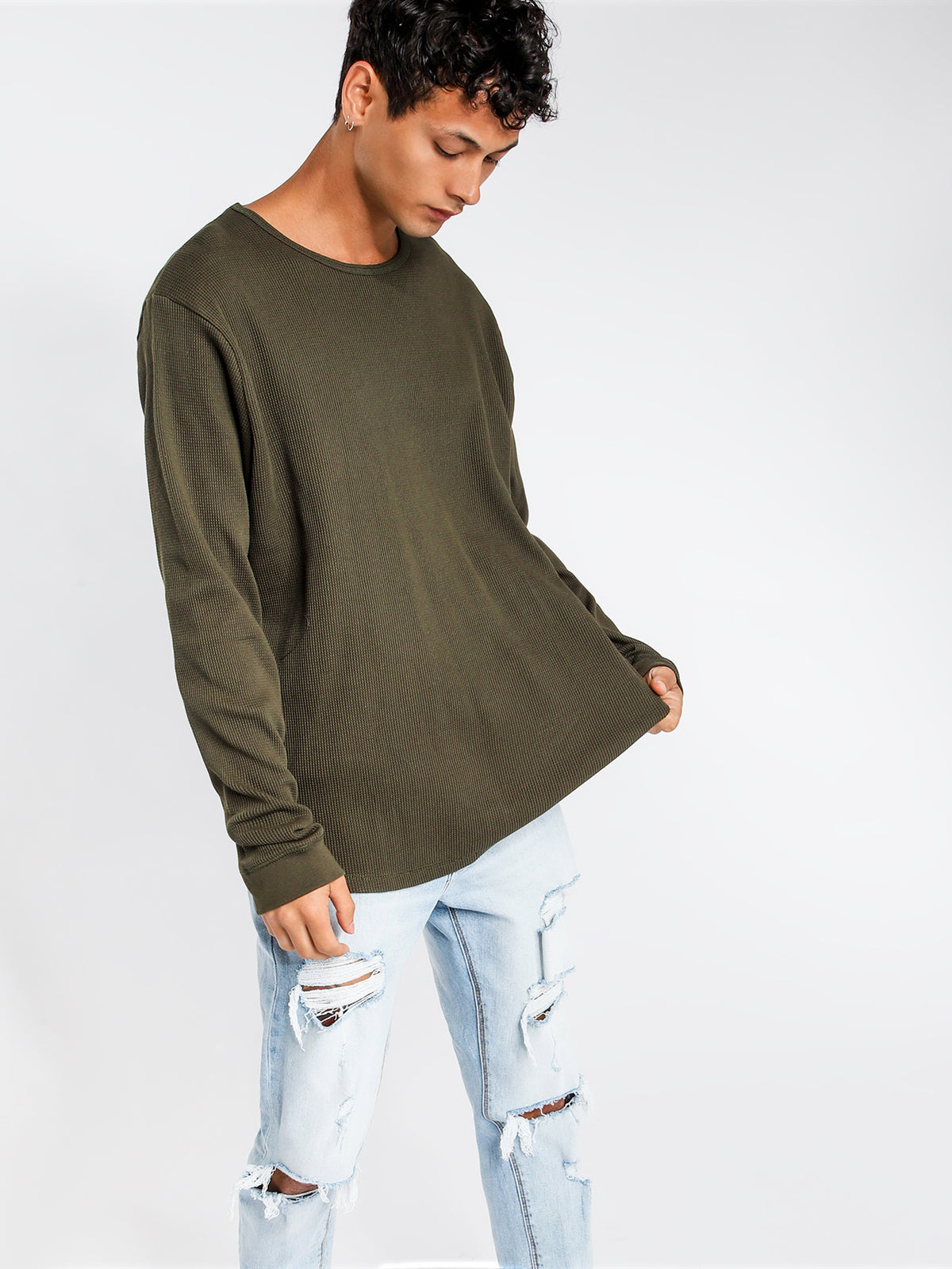 Waffle Long Sleeve Crew Top in Military Green