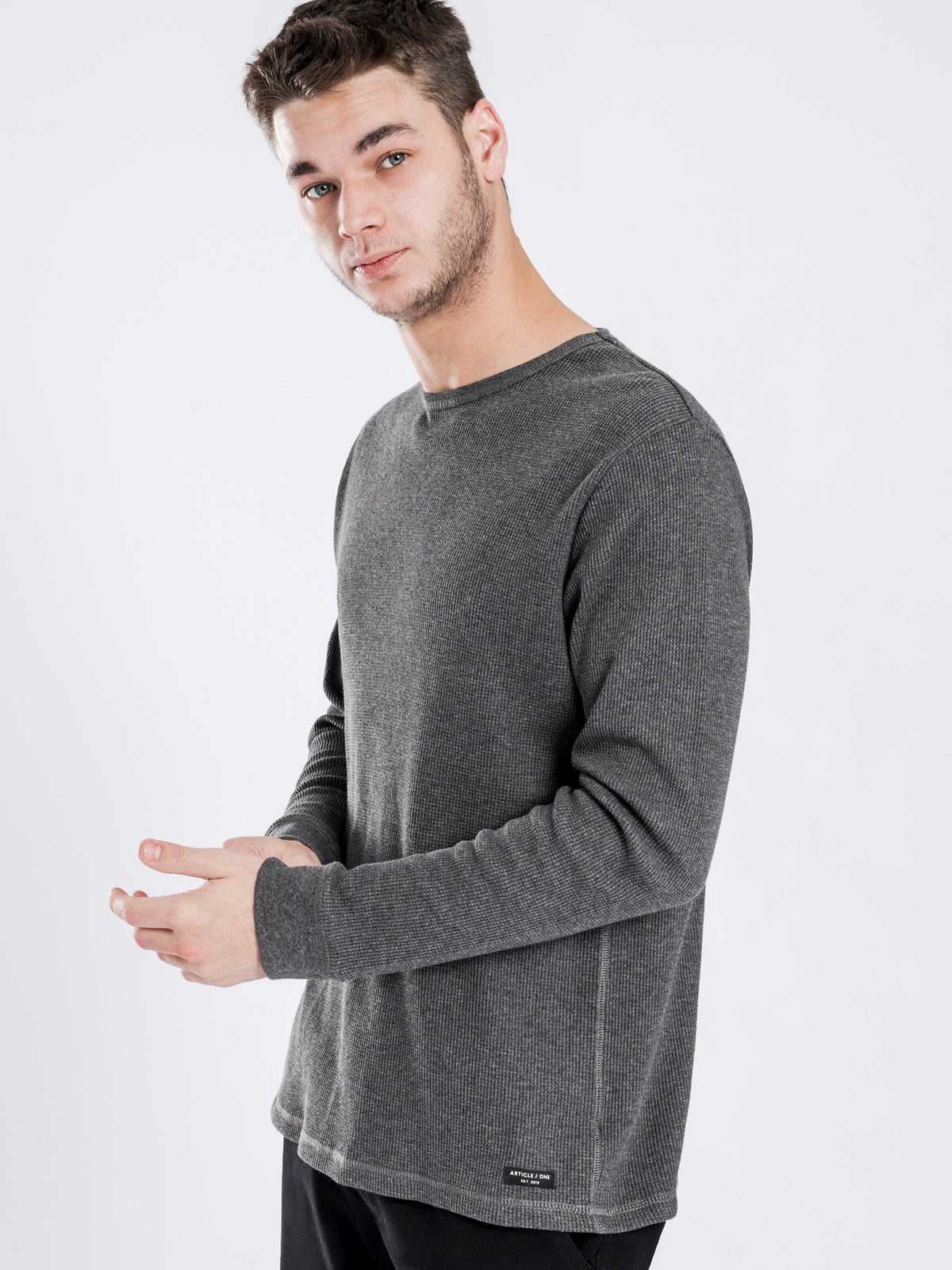 Waffle Long Sleeve Crew in Charcoal