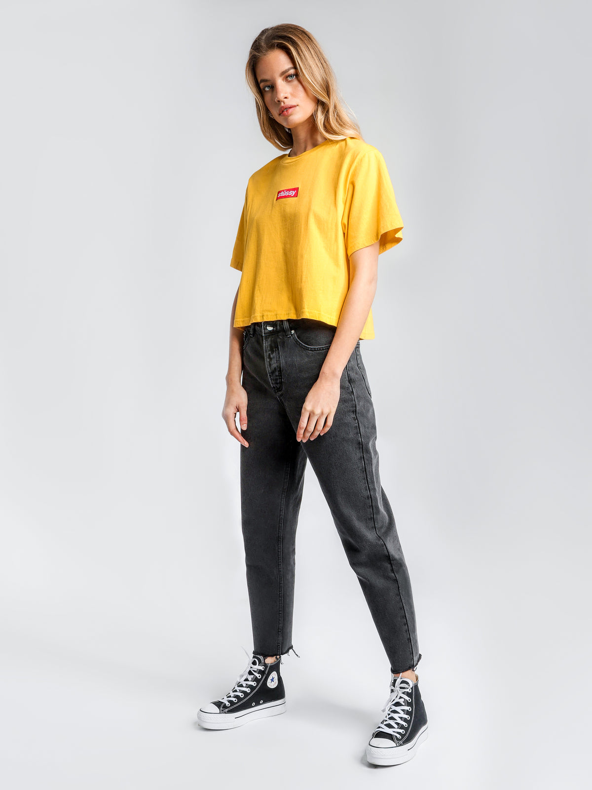 High-Waisted Mom Jeans in Aged Black Denim