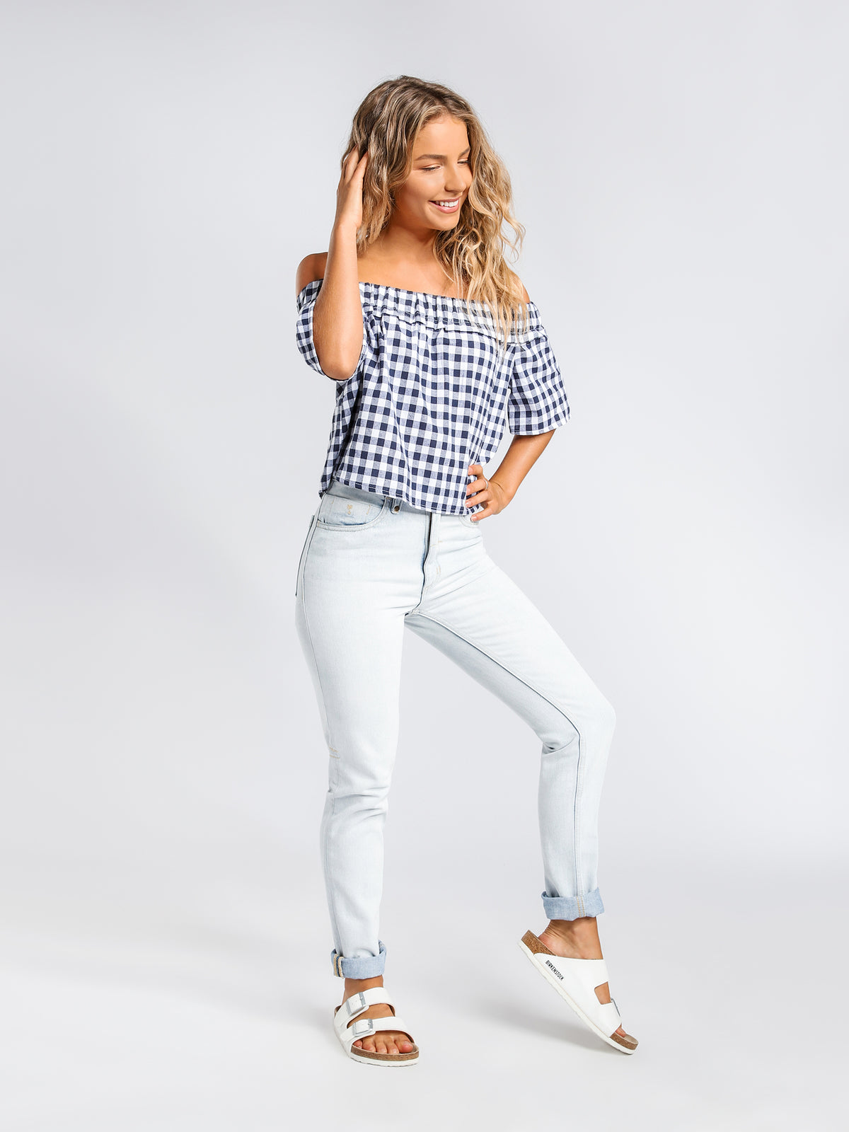 Gingham Off Shoulder Top in Navy &amp; White Check