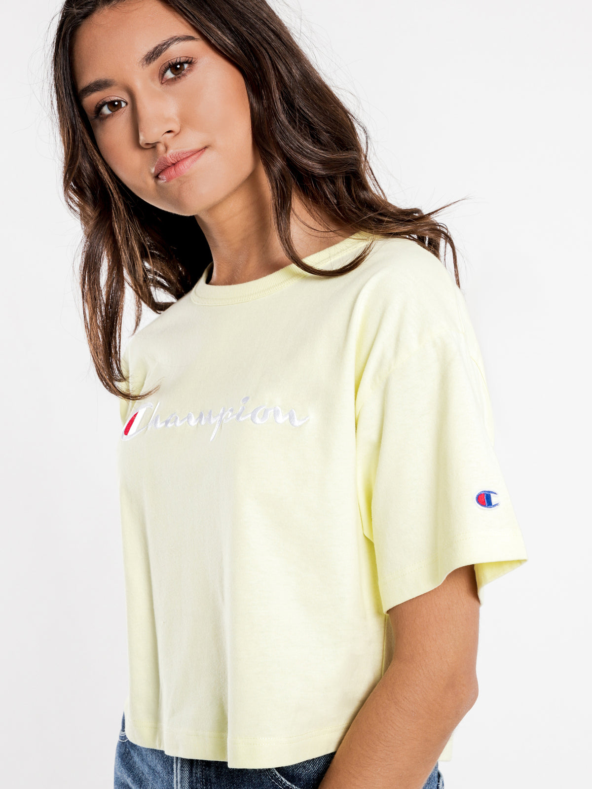 Cropped Script T-Shirt in Origami Yellow