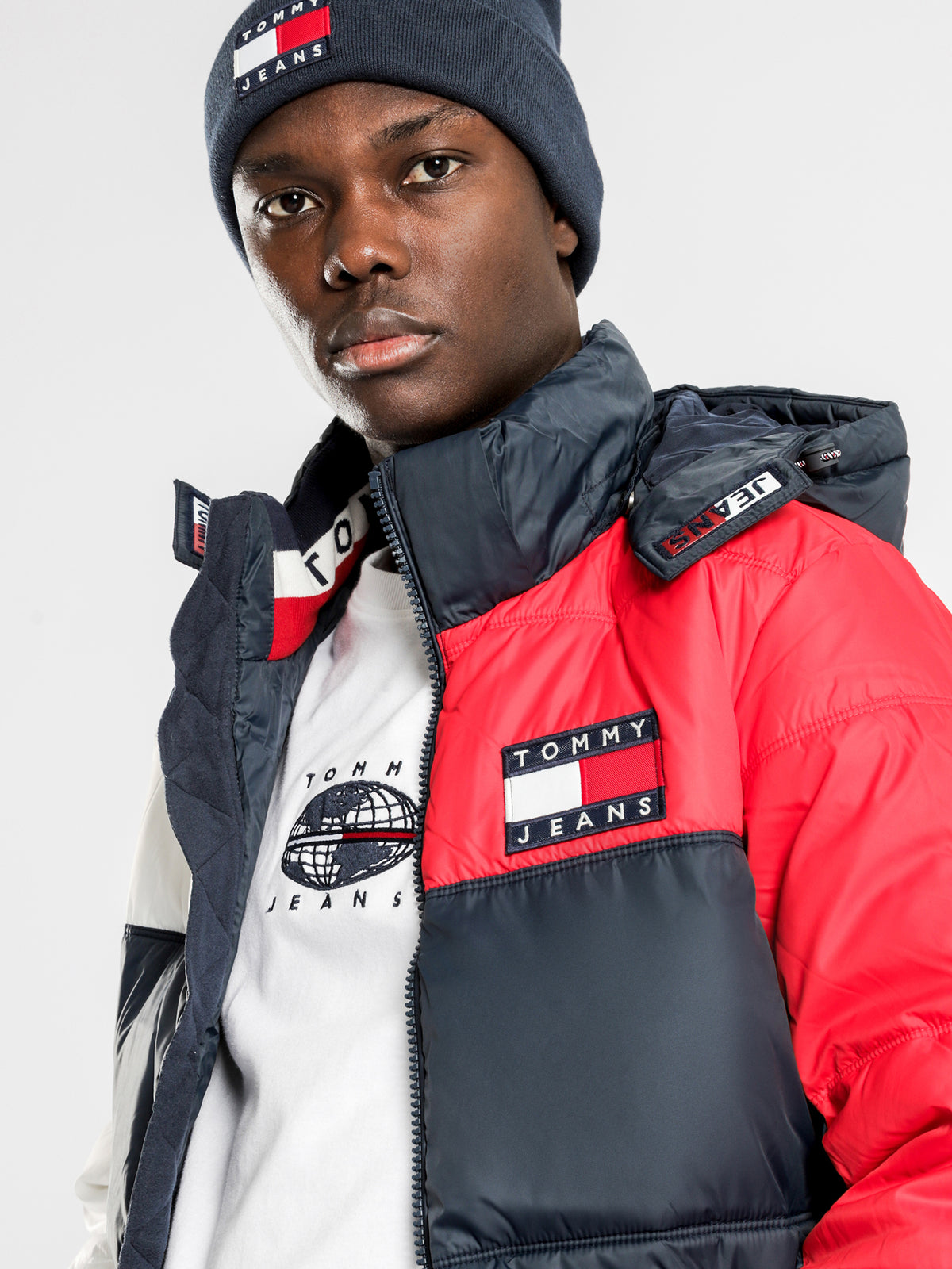 Essential Colour Block Puffer Jacket in Navy Red &amp; White