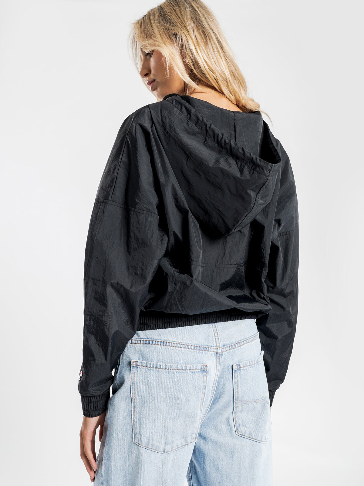 Nylon Crinkle Full Zip Jacket in Black