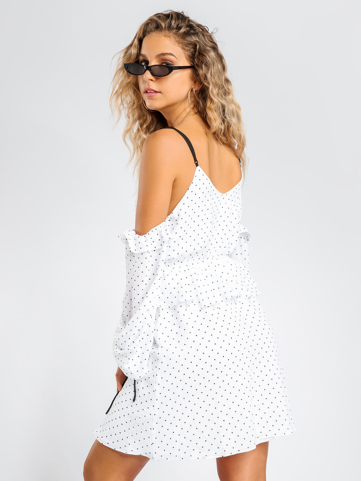 Ester Cold Shoulder Dress in White &amp; Black Polka Dot Print