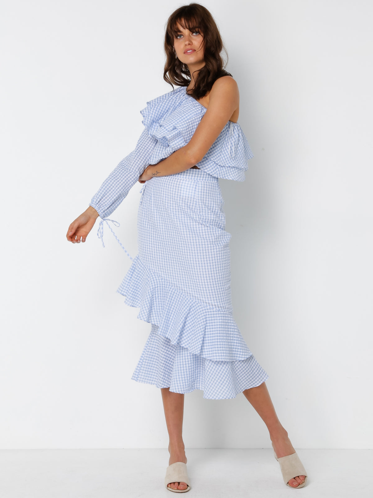 Lola One Shoulder Top in Blue &amp; White Gingham