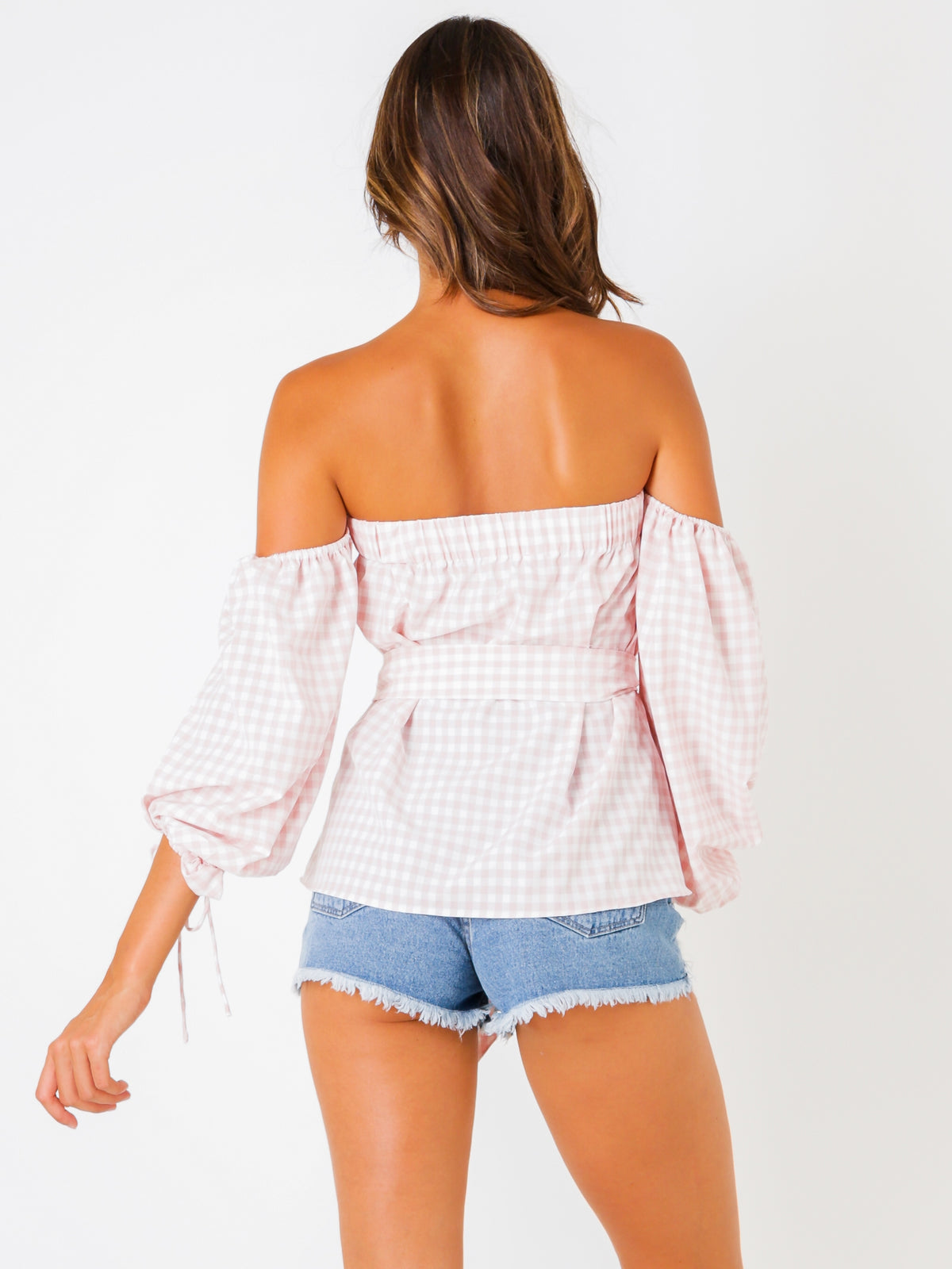 Neve Off The Shoulder Top in Pink Gingham Print