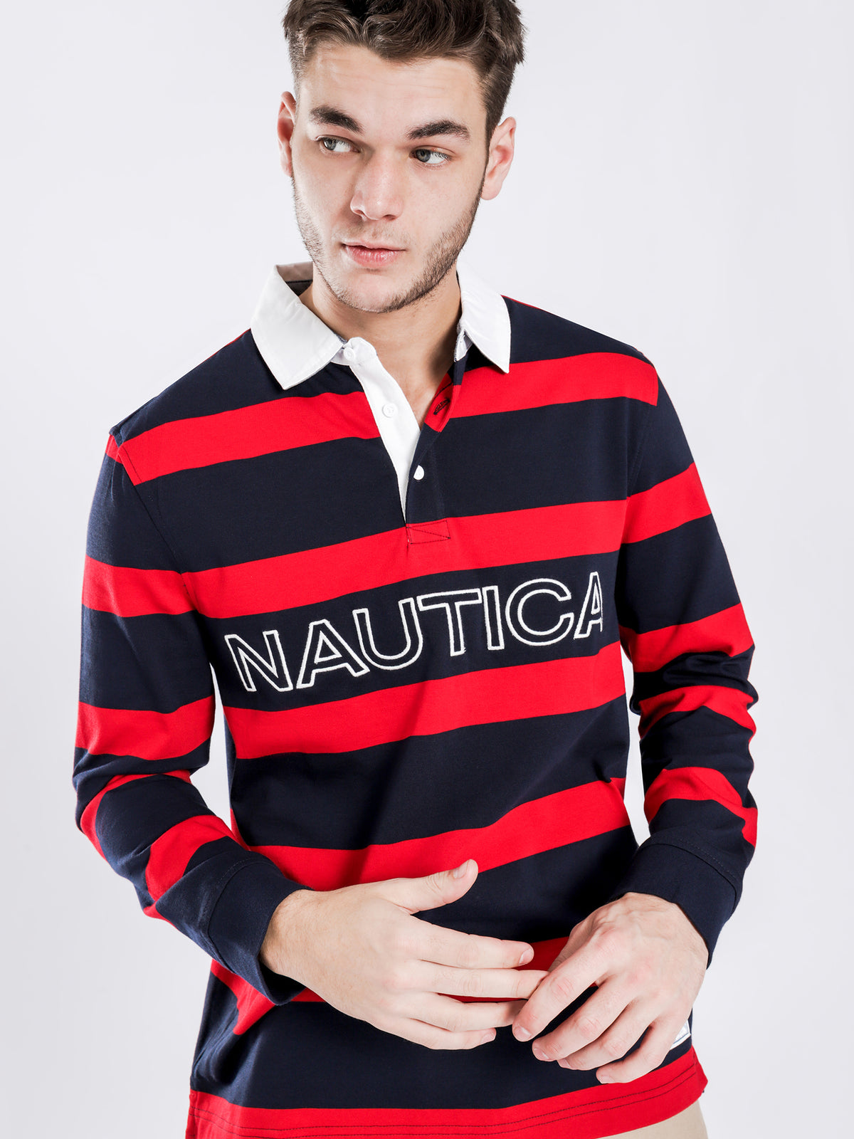 Essential Stripe Long Sleeve Rugby Polo in Navy &amp; Red