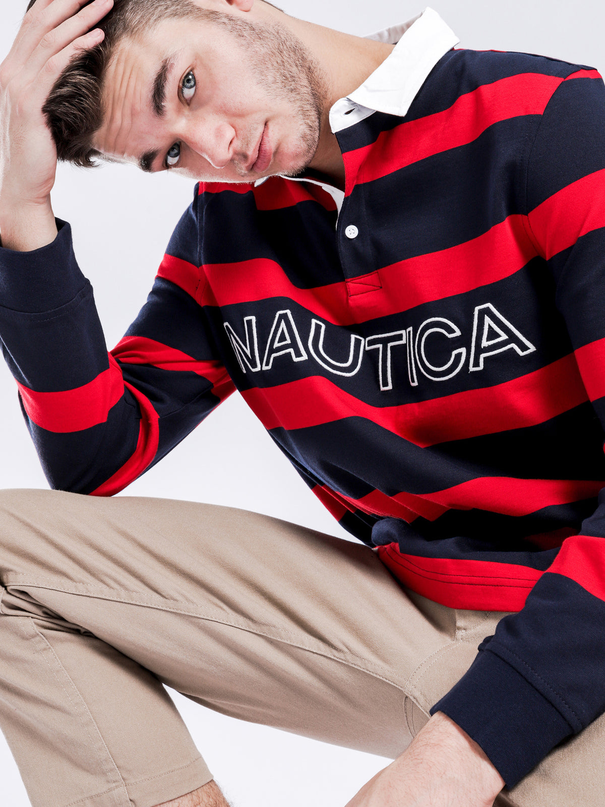 Essential Stripe Long Sleeve Rugby Polo in Navy &amp; Red
