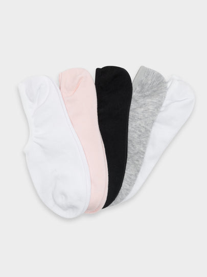 5 Pairs of No-Show Invisible Socks in Pink, Grey, White & Black