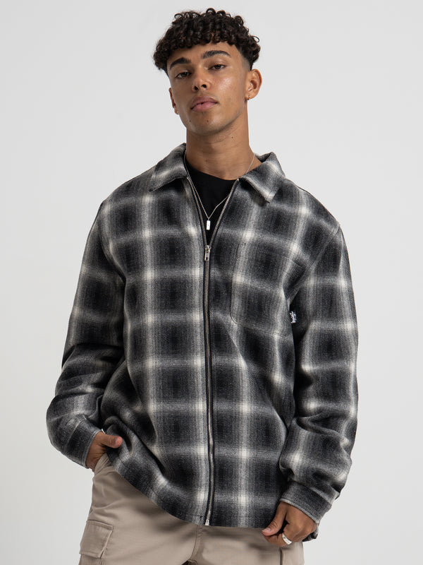 Stussy Shadow Plaid Zip Up Long Sleeve Shirt Black