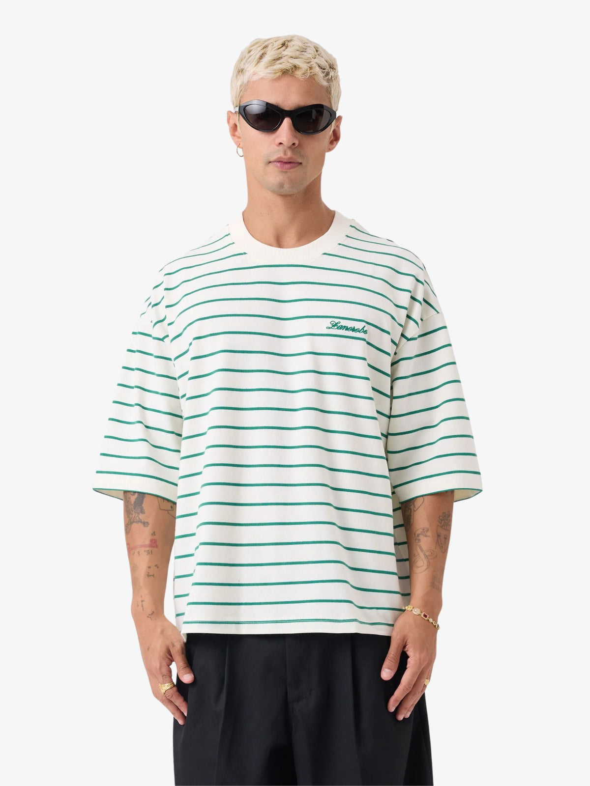 Zanerobe Stripe Crop Flow Tee | Vintage White/Forest