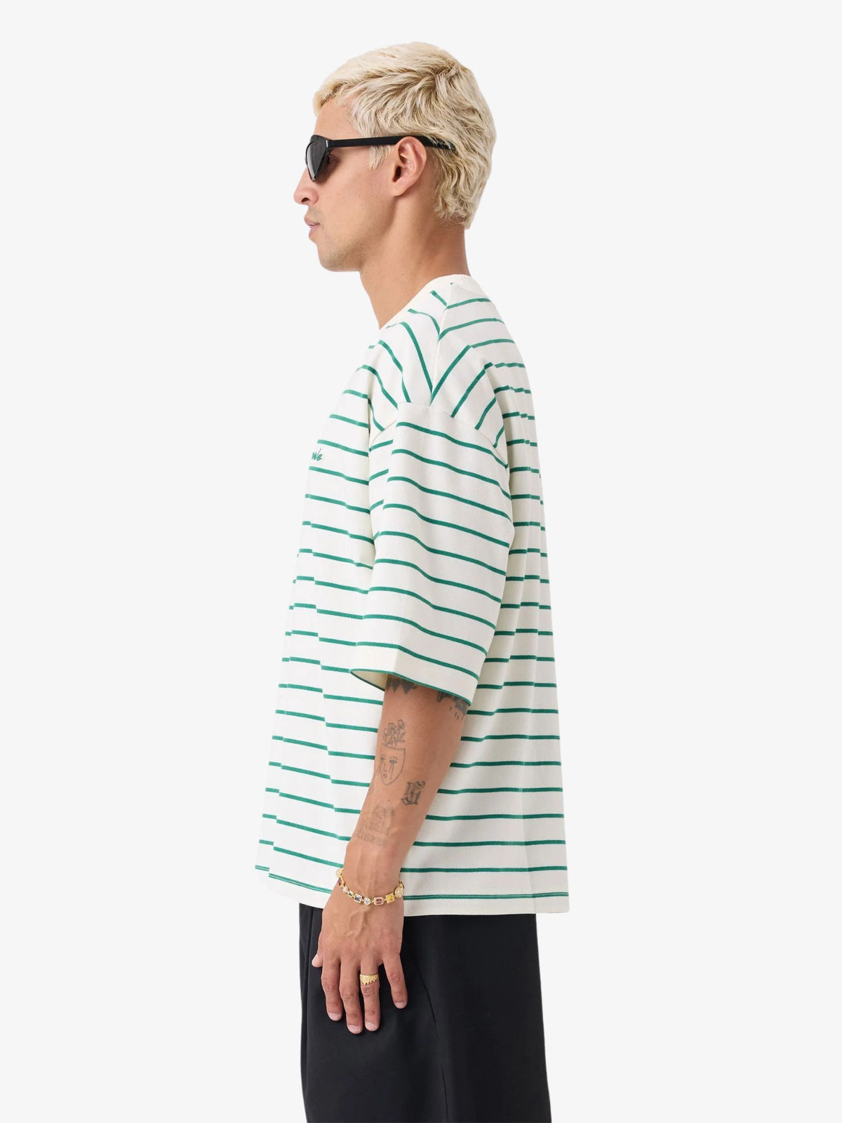 Zanerobe Stripe Crop Flow Tee | Vintage White/Forest