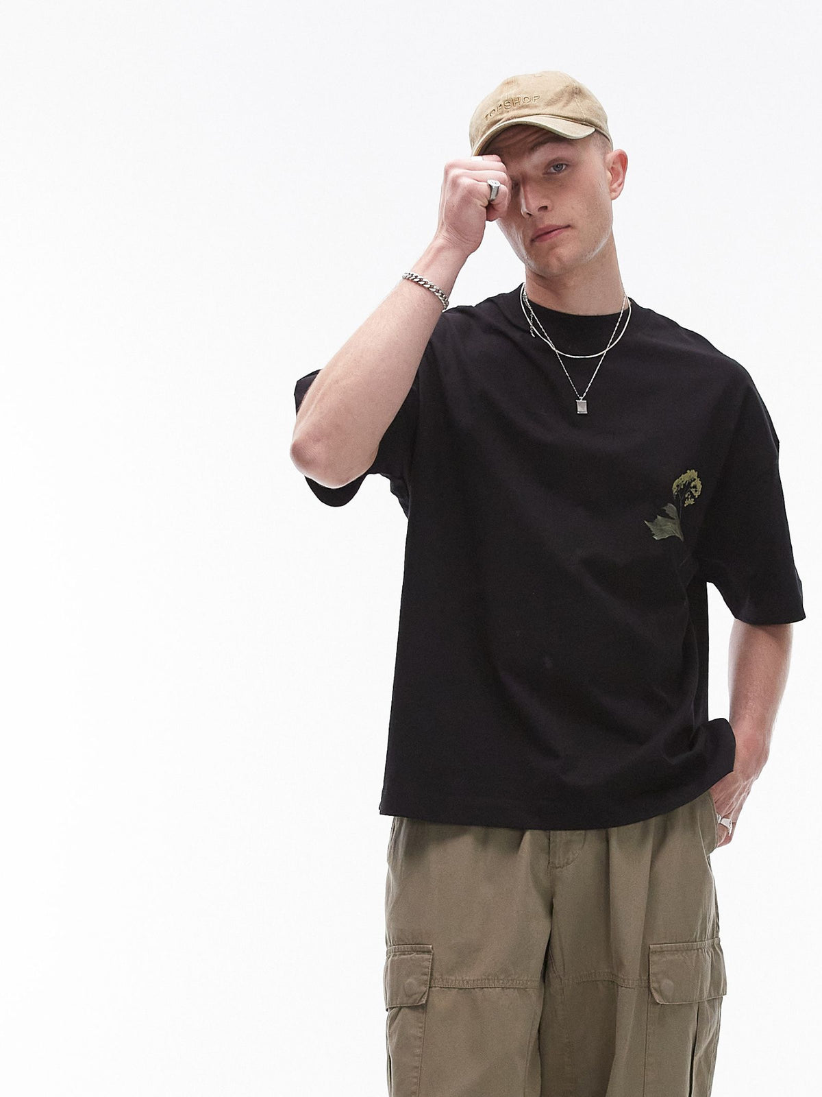 Topman Pressed Flower Oversized T-Shirt | Black