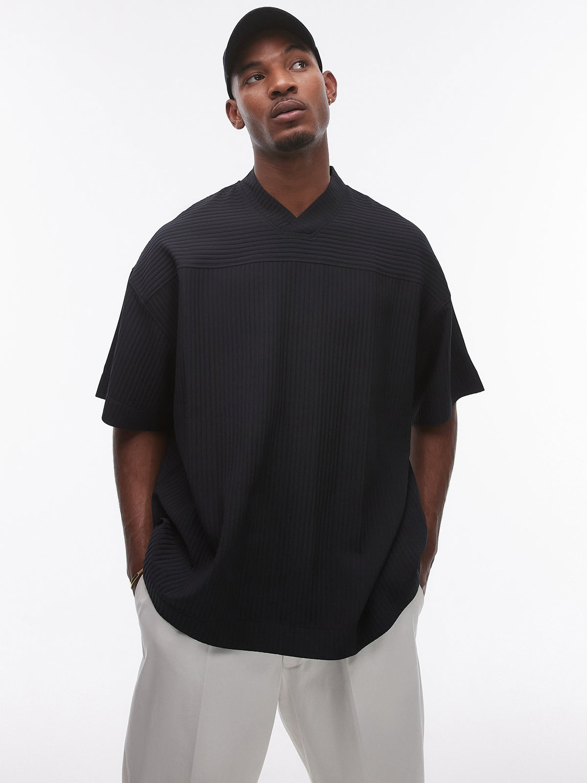 Topman Oversized V-Neck Plisse T-Shirt | BLACK