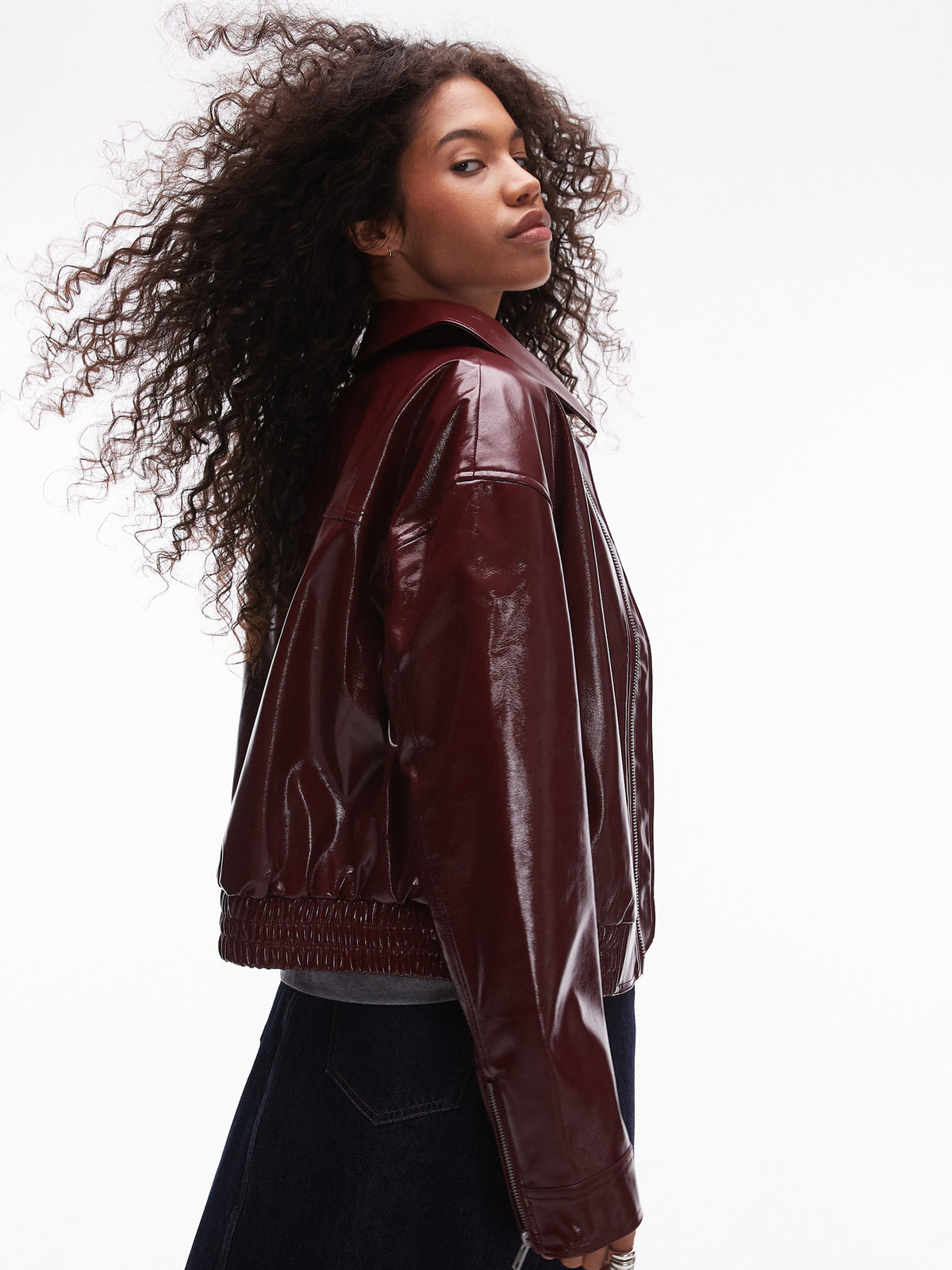 Topshop Faux Leather Vinyl Bomber Jacket | Burgundy