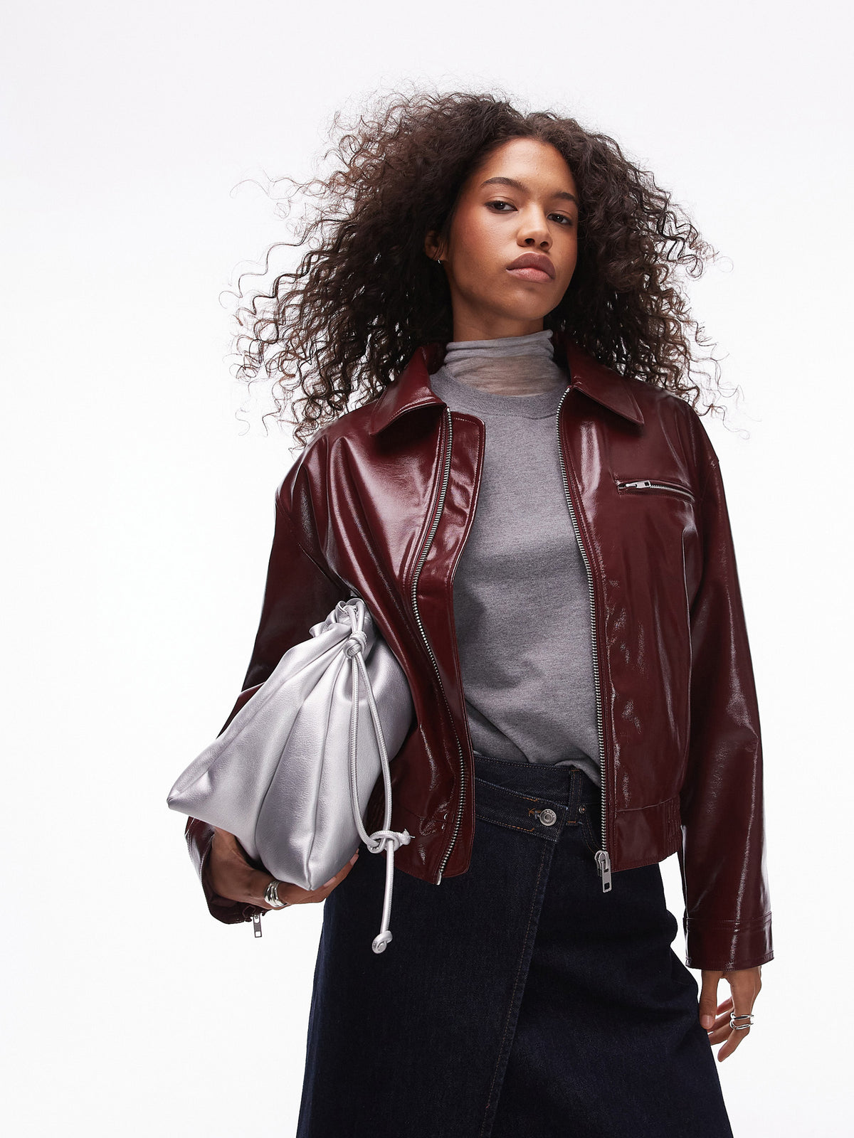 Topshop Faux Leather Vinyl Bomber Jacket | Burgundy
