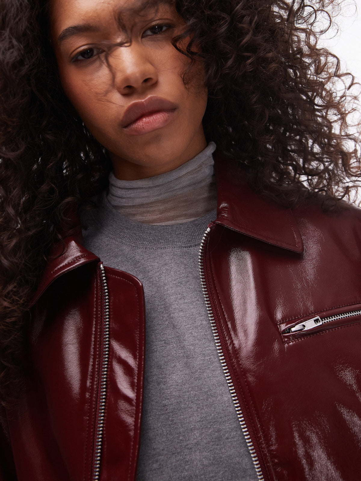 Topshop Faux Leather Vinyl Bomber Jacket | Burgundy