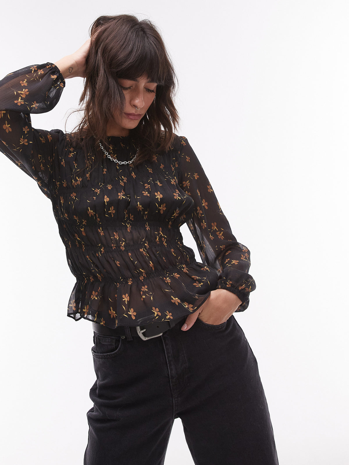 Topshop Shirred Top in Black Ditsy | BLACK