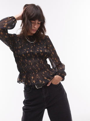 Shirred Top in Black Ditsy