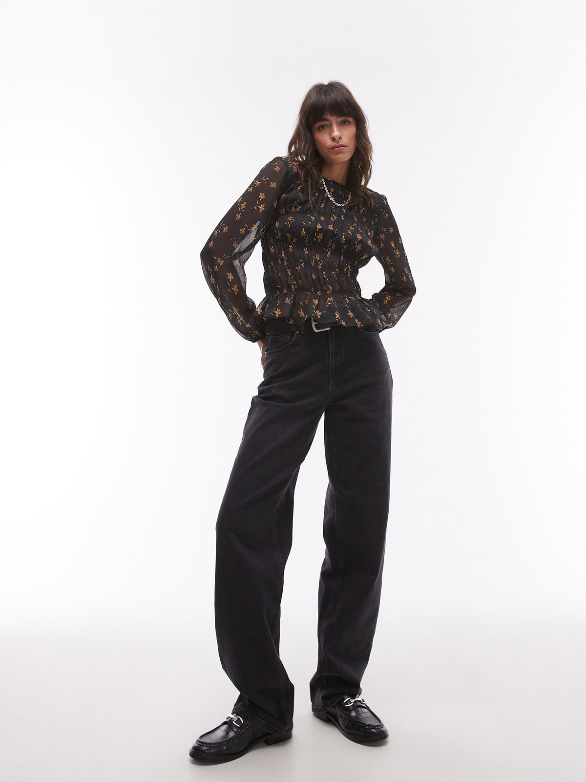 Topshop Shirred Top in Black Ditsy | BLACK