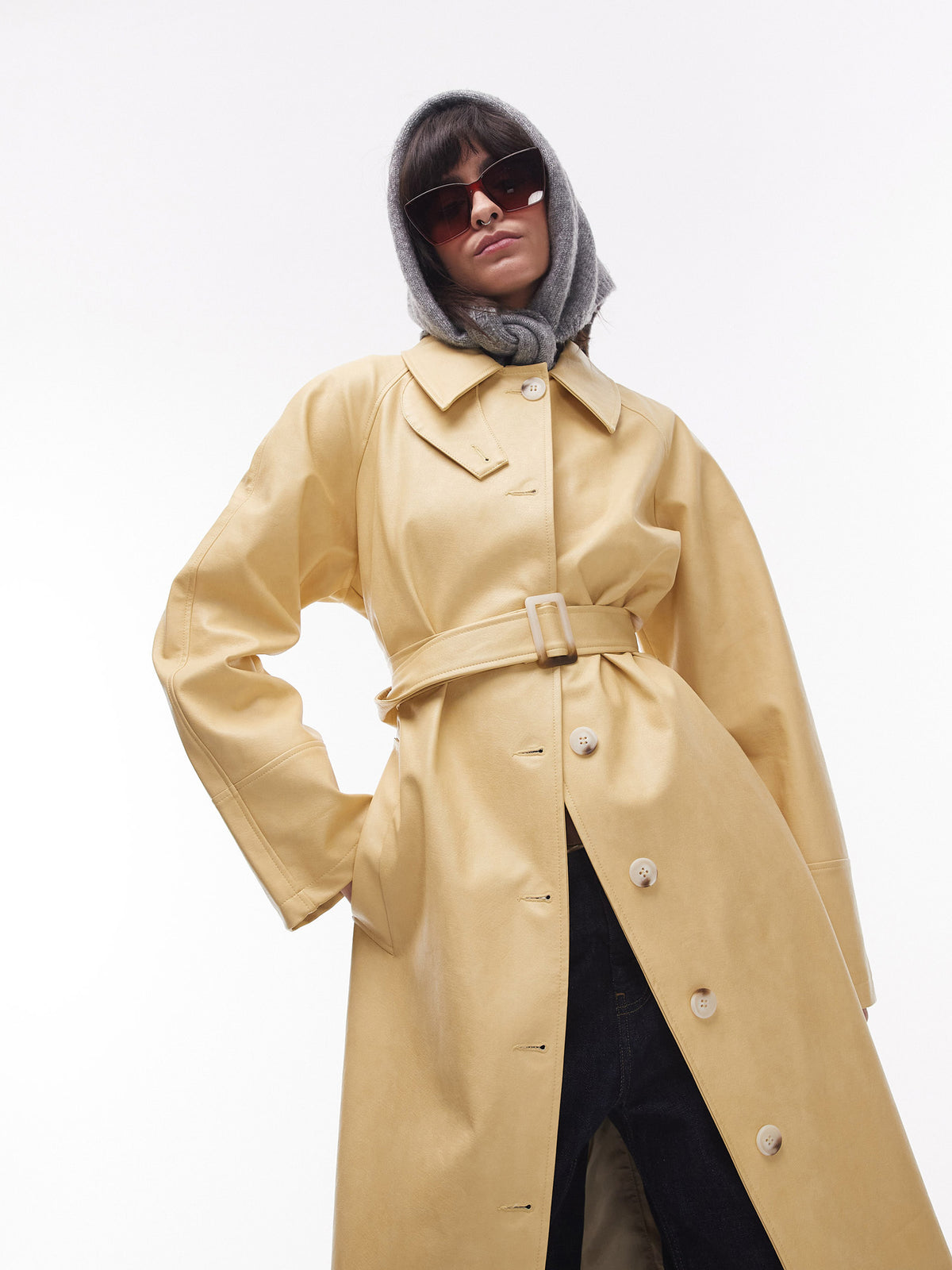 Topshop Long Oversized Leather Trench | Buttermilk