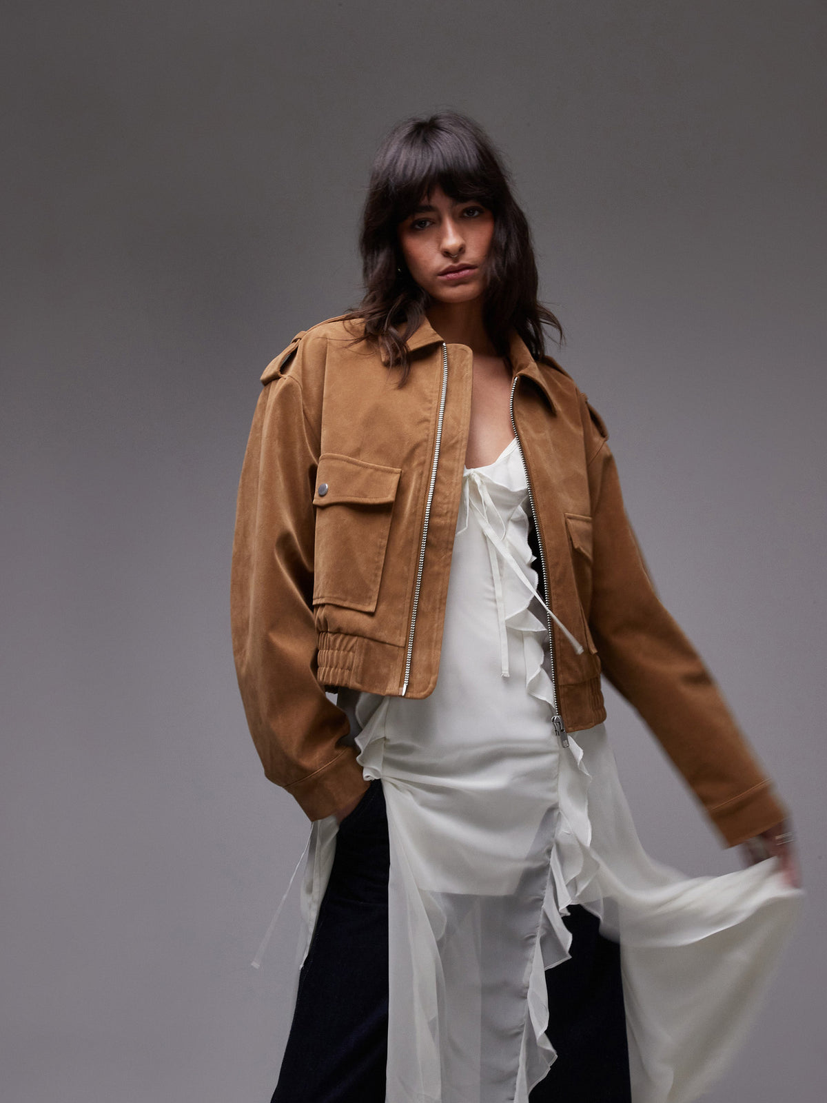 Topshop Cropped Suede Bomber Jacket | Camel