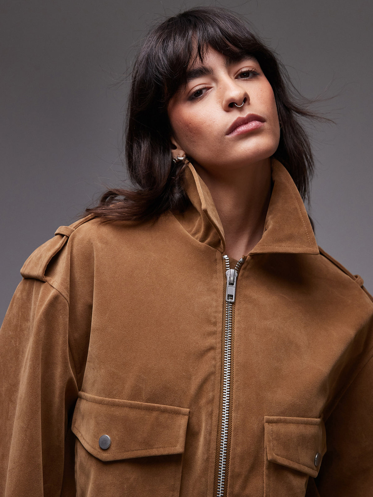 Topshop Cropped Suede Bomber Jacket | Camel