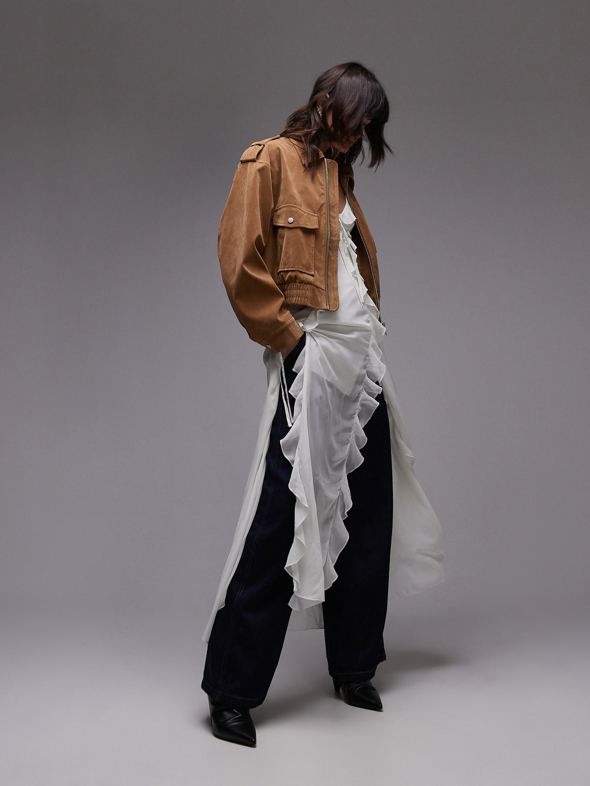 Topshop Cropped Suede Bomber Jacket | Camel