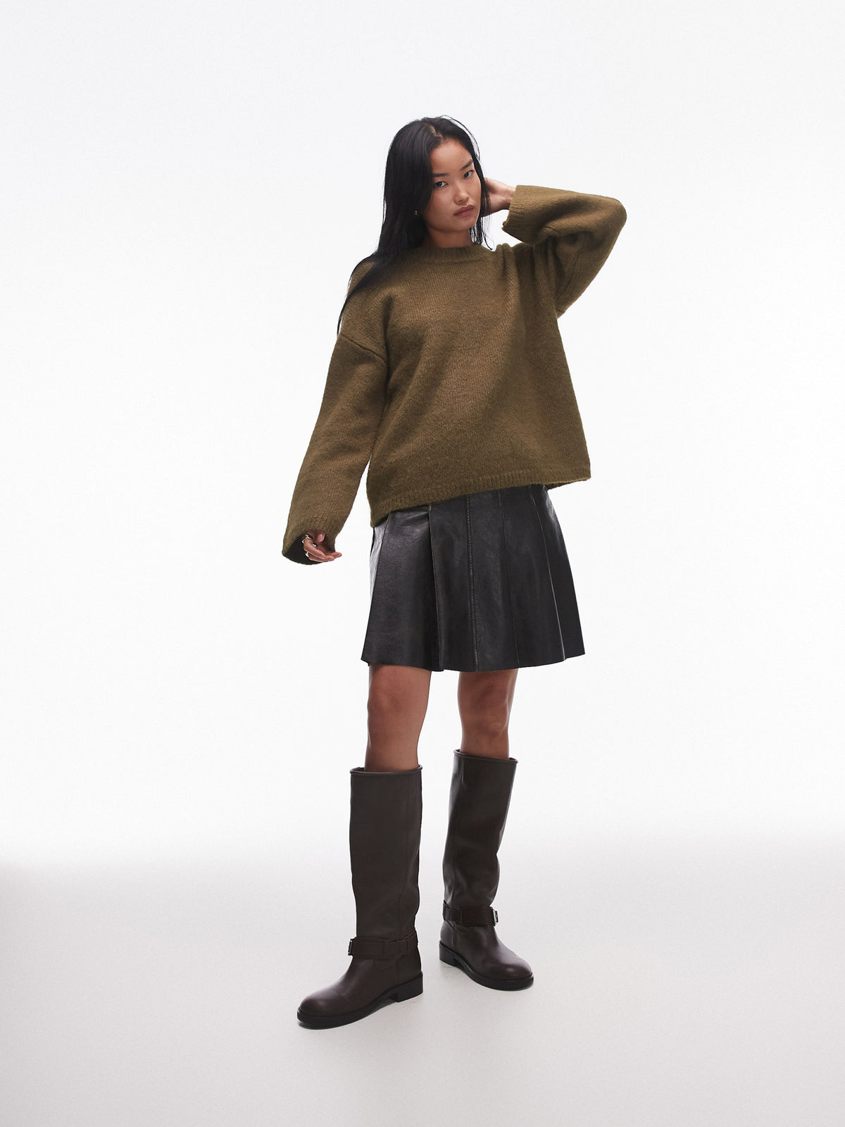Topshop Knitted Boxy Fluffy Crew Jumper | KHAKI