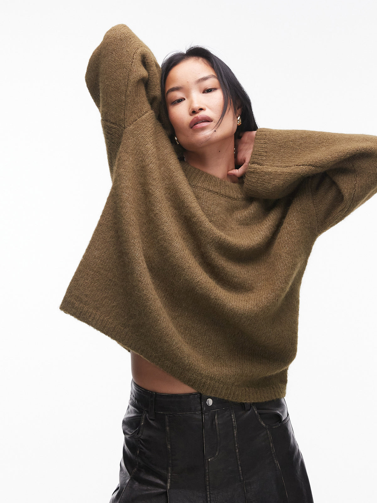 Topshop Knitted Boxy Fluffy Crew Jumper | KHAKI