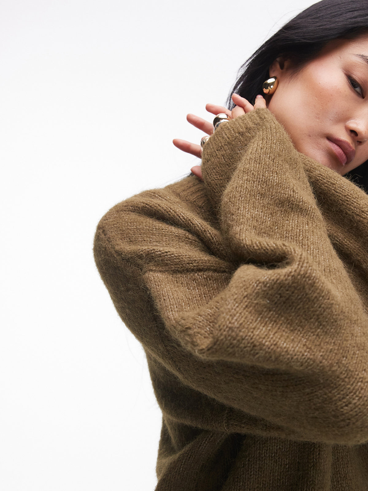 Topshop Knitted Boxy Fluffy Crew Jumper | KHAKI