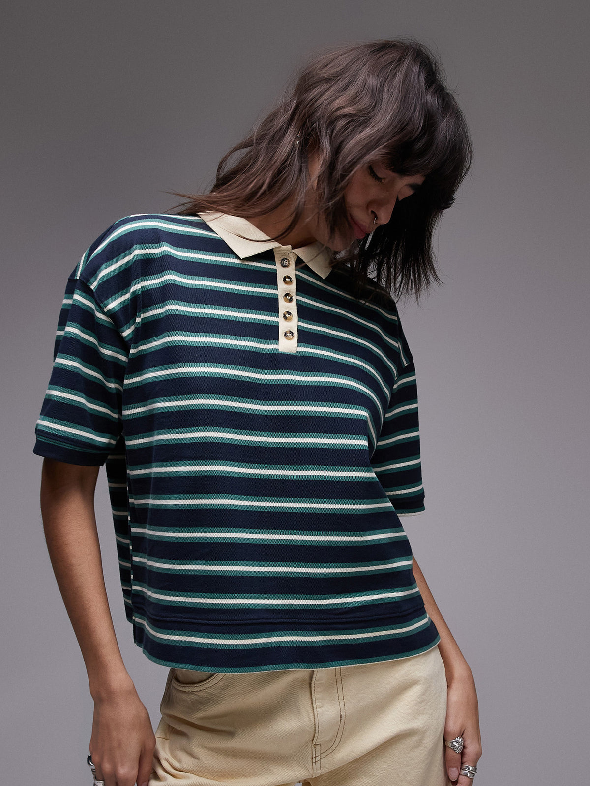 Topshop Stripe Boxy Short Sleeve Polo | Navy