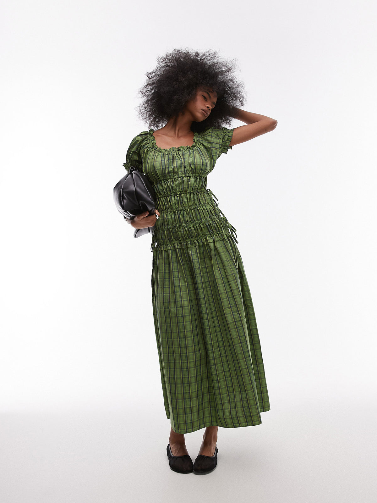 Topshop Cap Sleeve Ruched Dress | Green Check