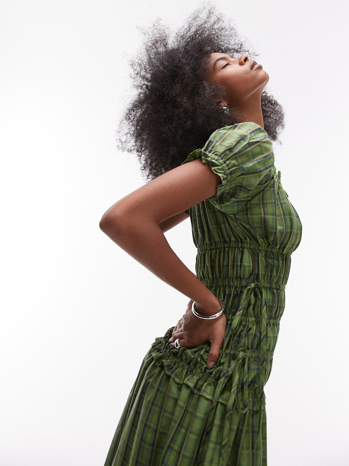 Topshop Cap Sleeve Ruched Dress | Green Check