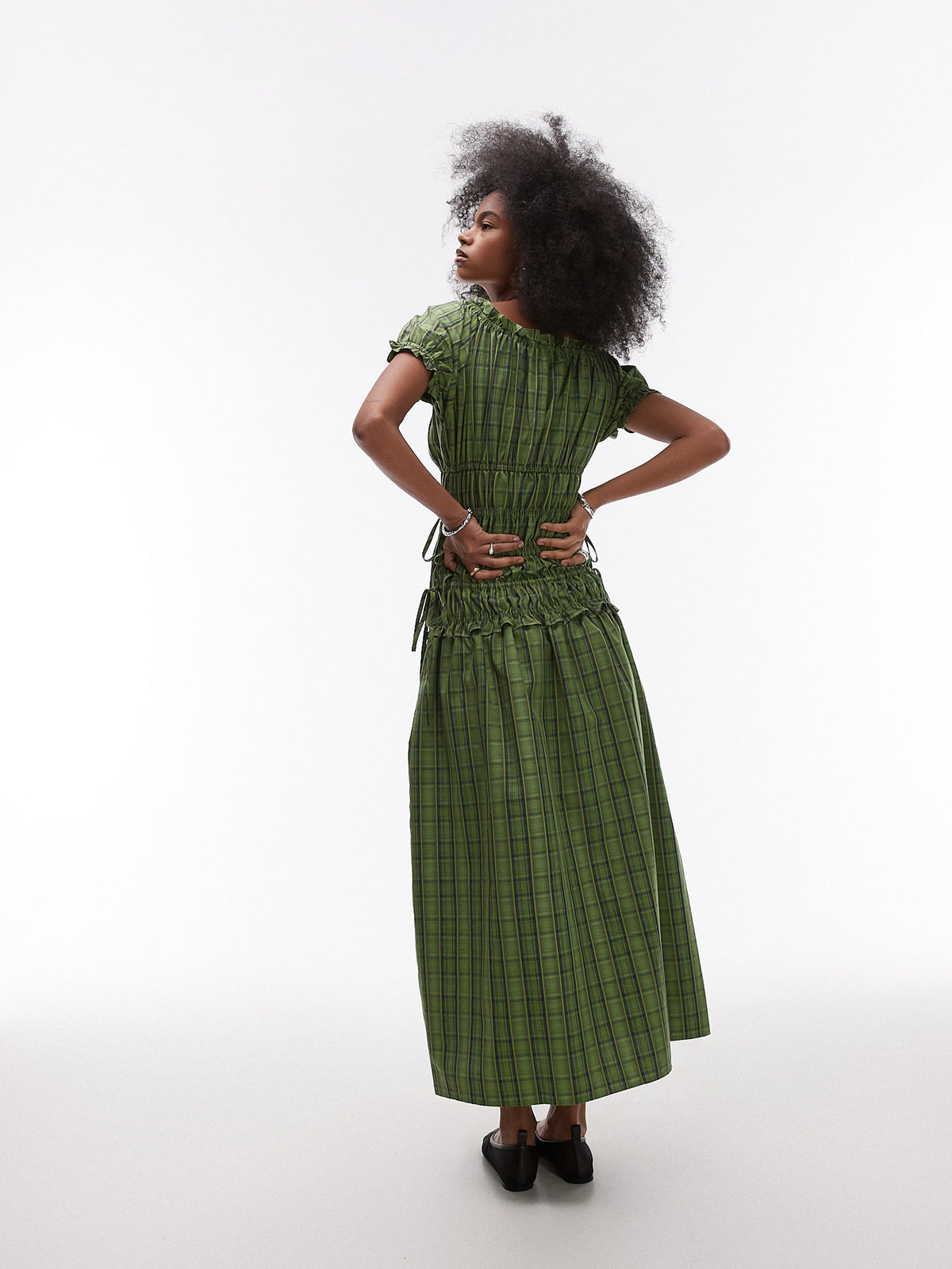 Topshop Cap Sleeve Ruched Dress | Green Check