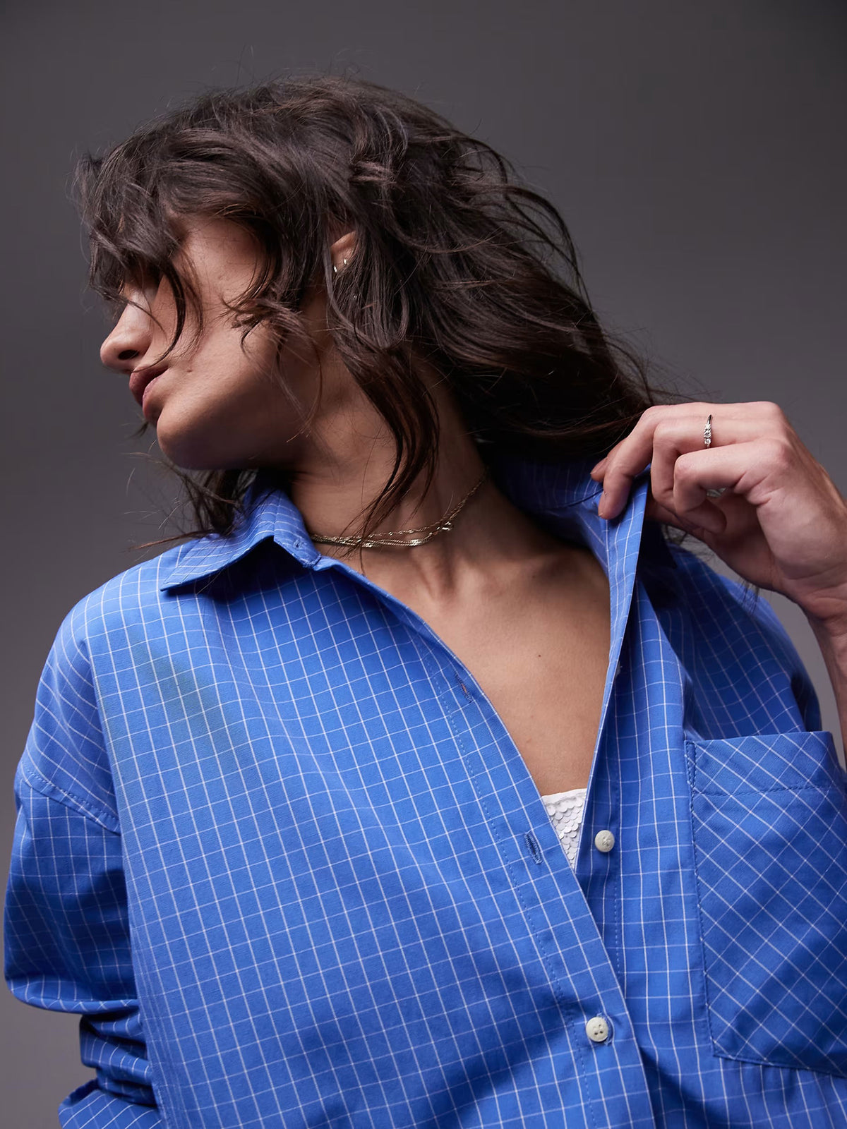 Topshop Micro Check Oversize Shirt | Rich Blue