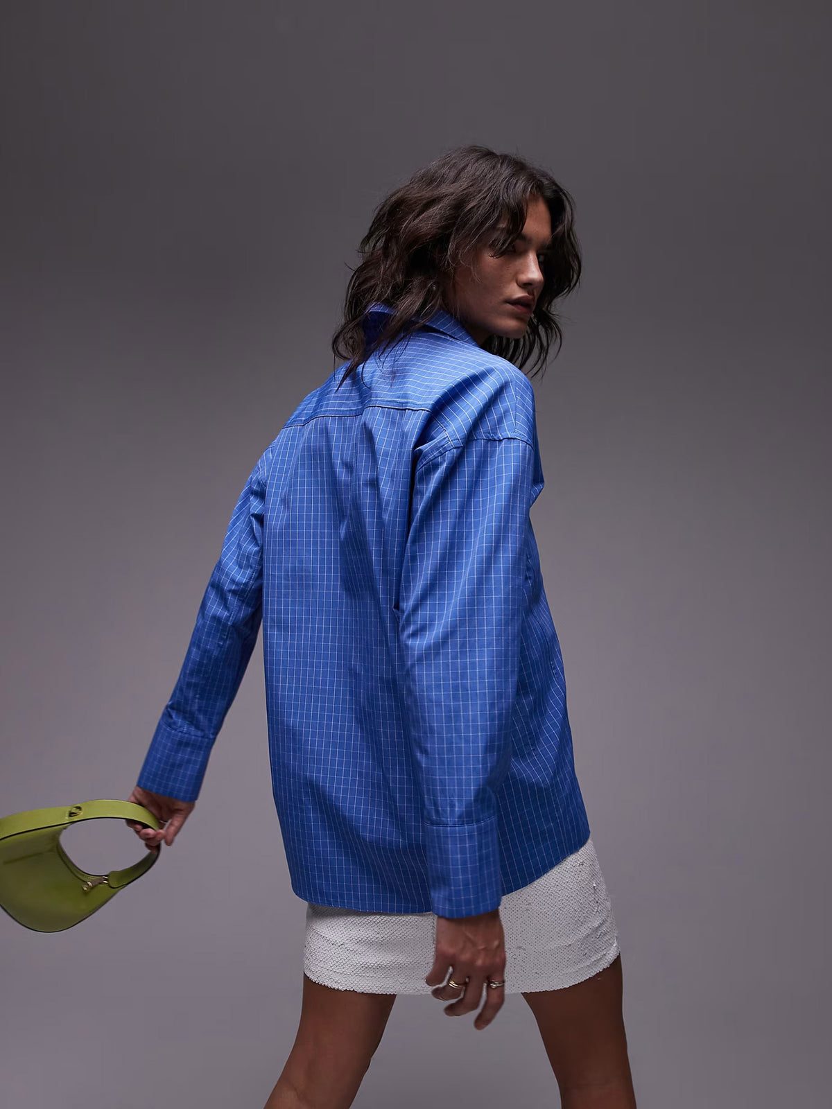 Topshop Micro Check Oversize Shirt | Rich Blue