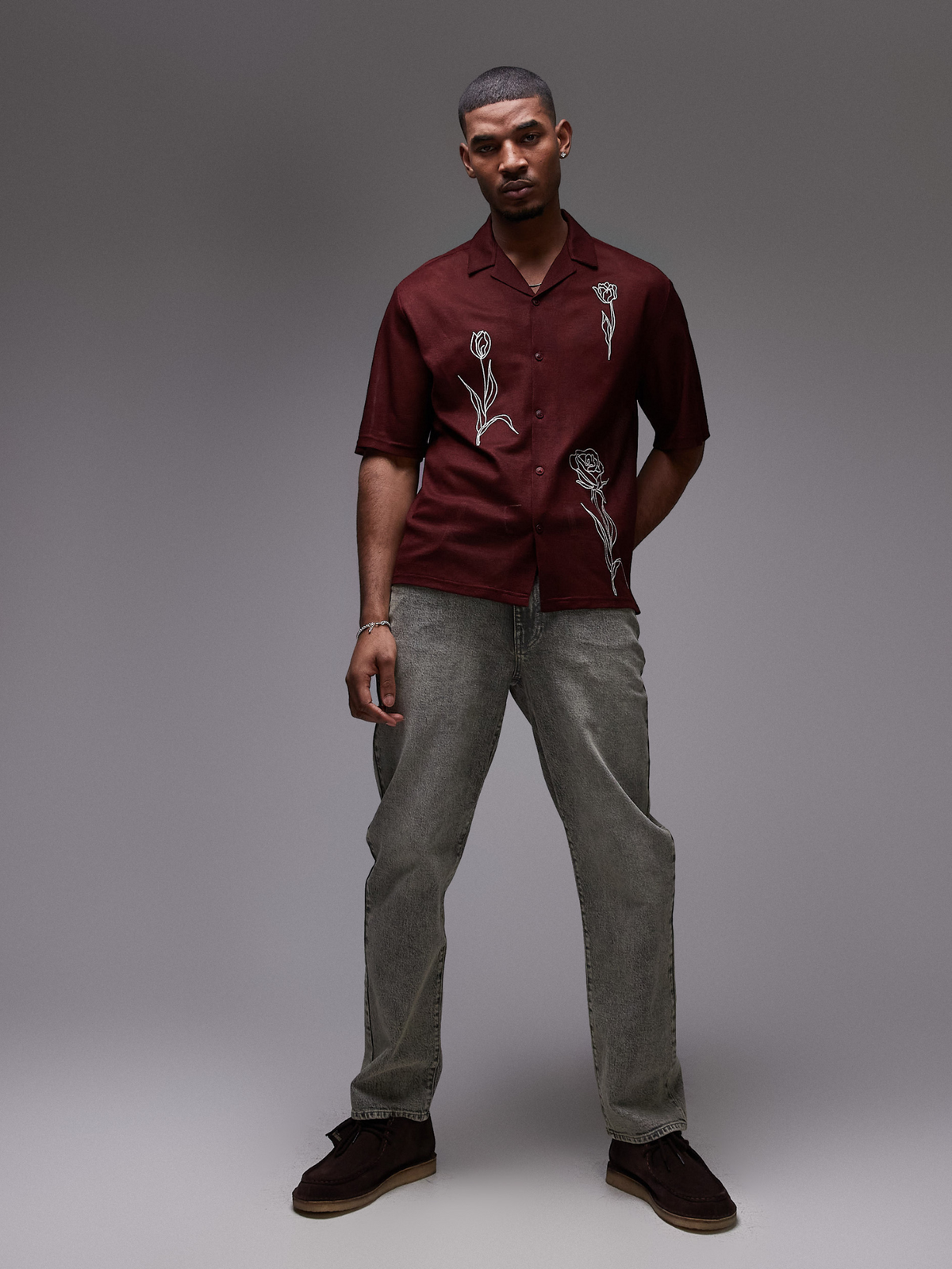 Topman Floral Embroidered Shirt | Rust