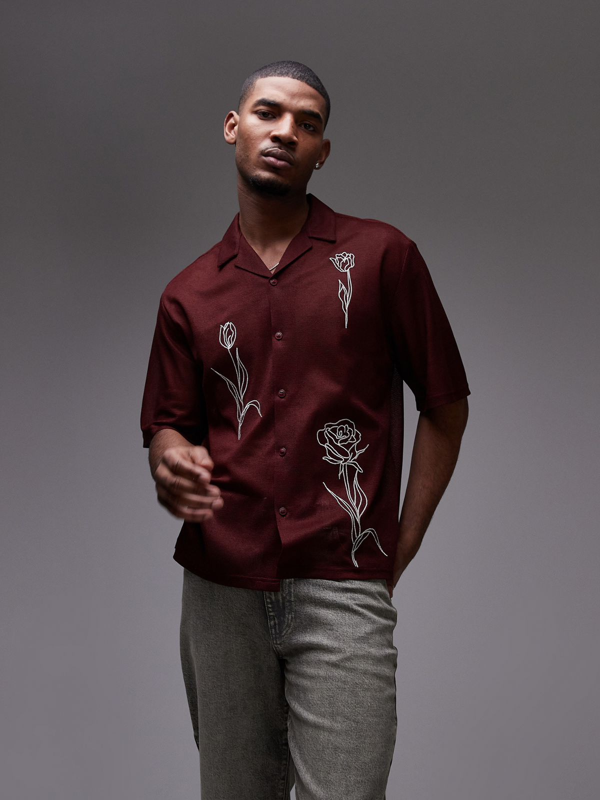 Topman Floral Embroidered Shirt | Rust