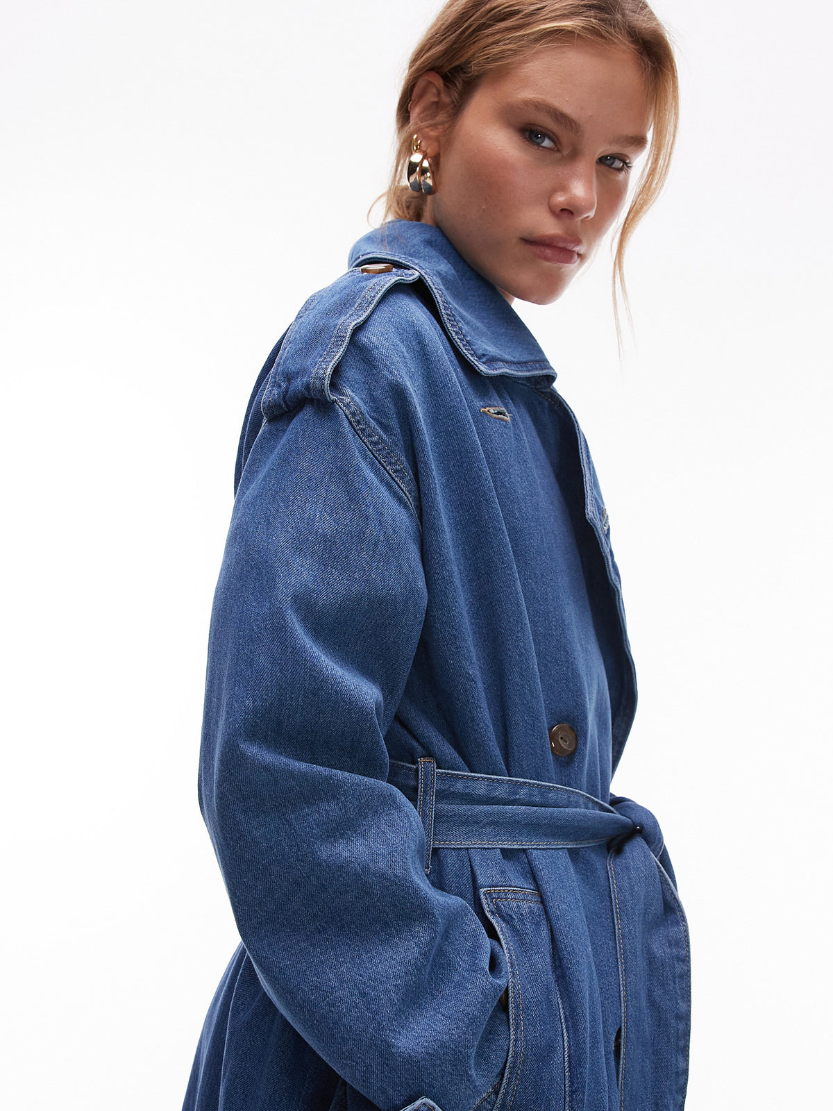 Topshop Denim Trench Coat | Mid Blue