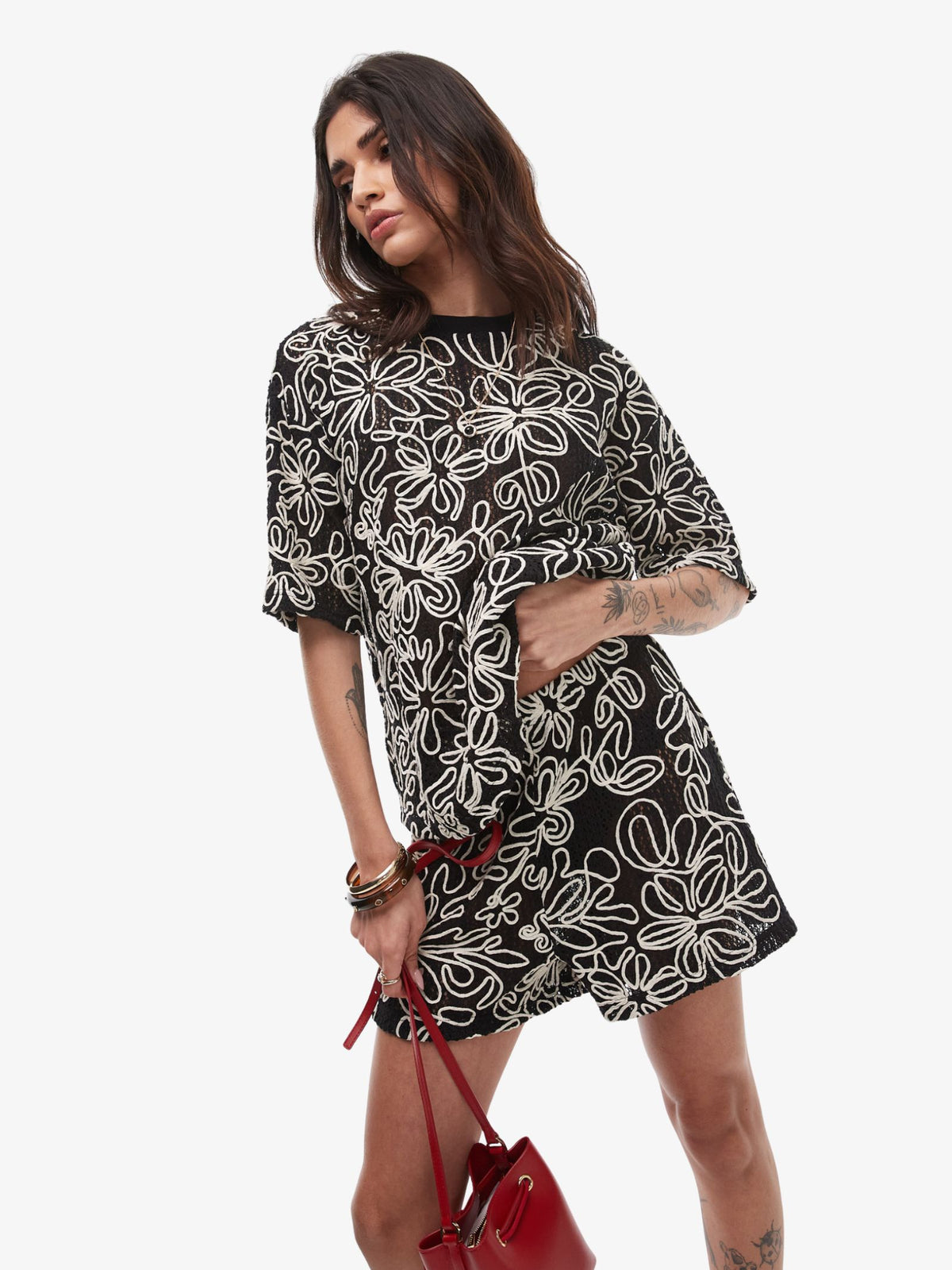 Topshop Boxy Floral Applique Shorts | Black