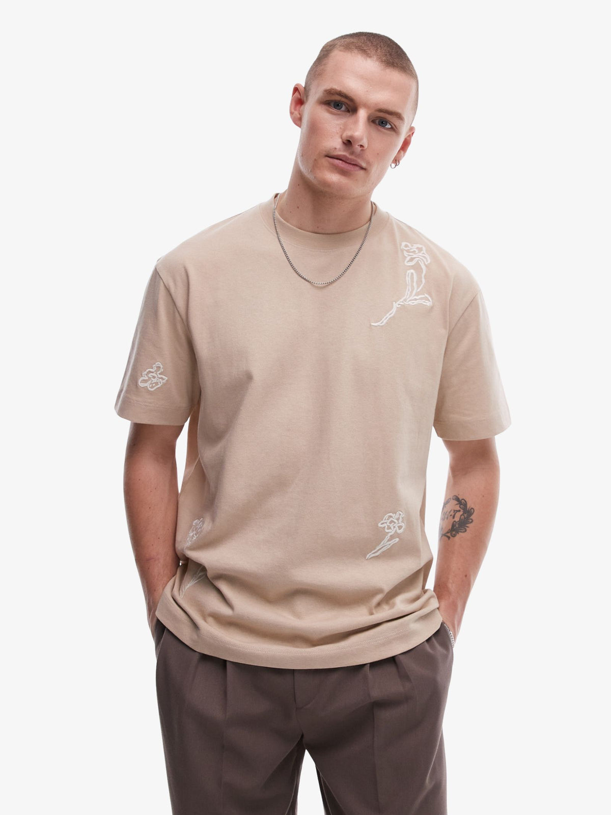 Topman Oversized Floral Embroidery Shirt | Stone