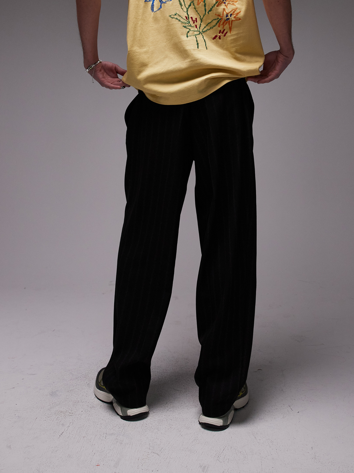 Topman Pinstripe Wide Leg Trousers | Black